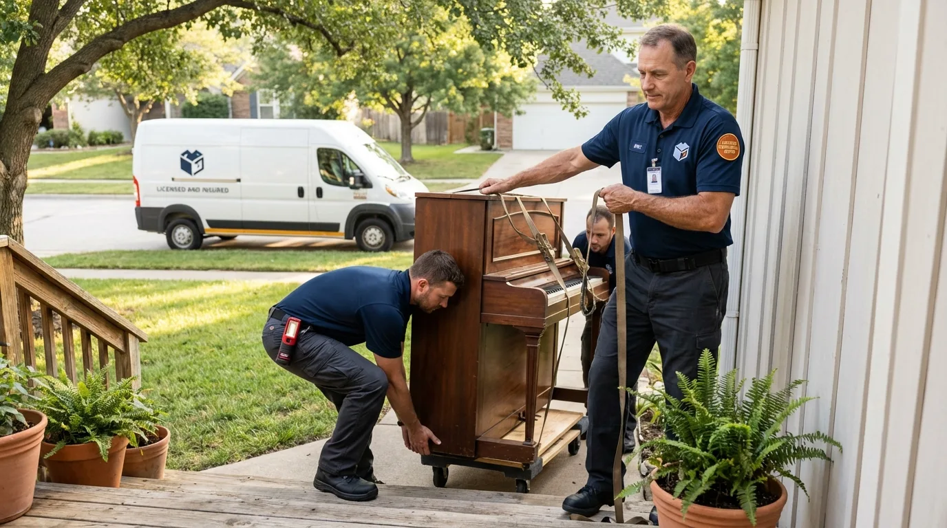 Licensed piano movers securing grand piano in Naugatuck, CT