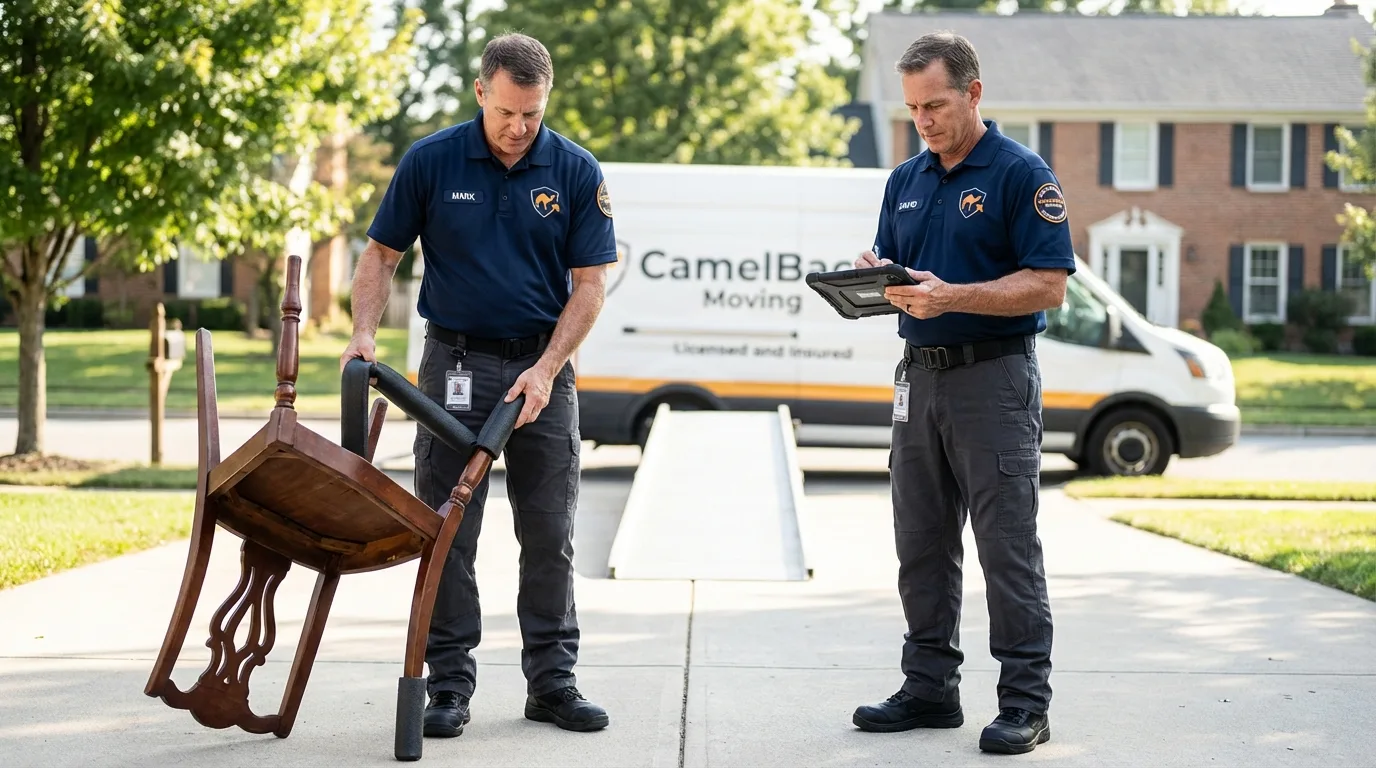 Movers inspecting furniture for damage prevention before loading in Naugatuck, CT